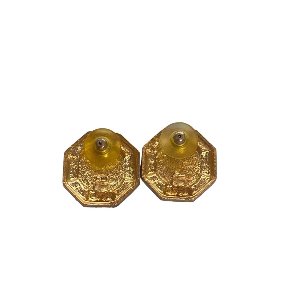 Vintage Gold Tone Coin Clip On Earrings Rhinestone Accent Octagon Statement - Picture 4 of 5